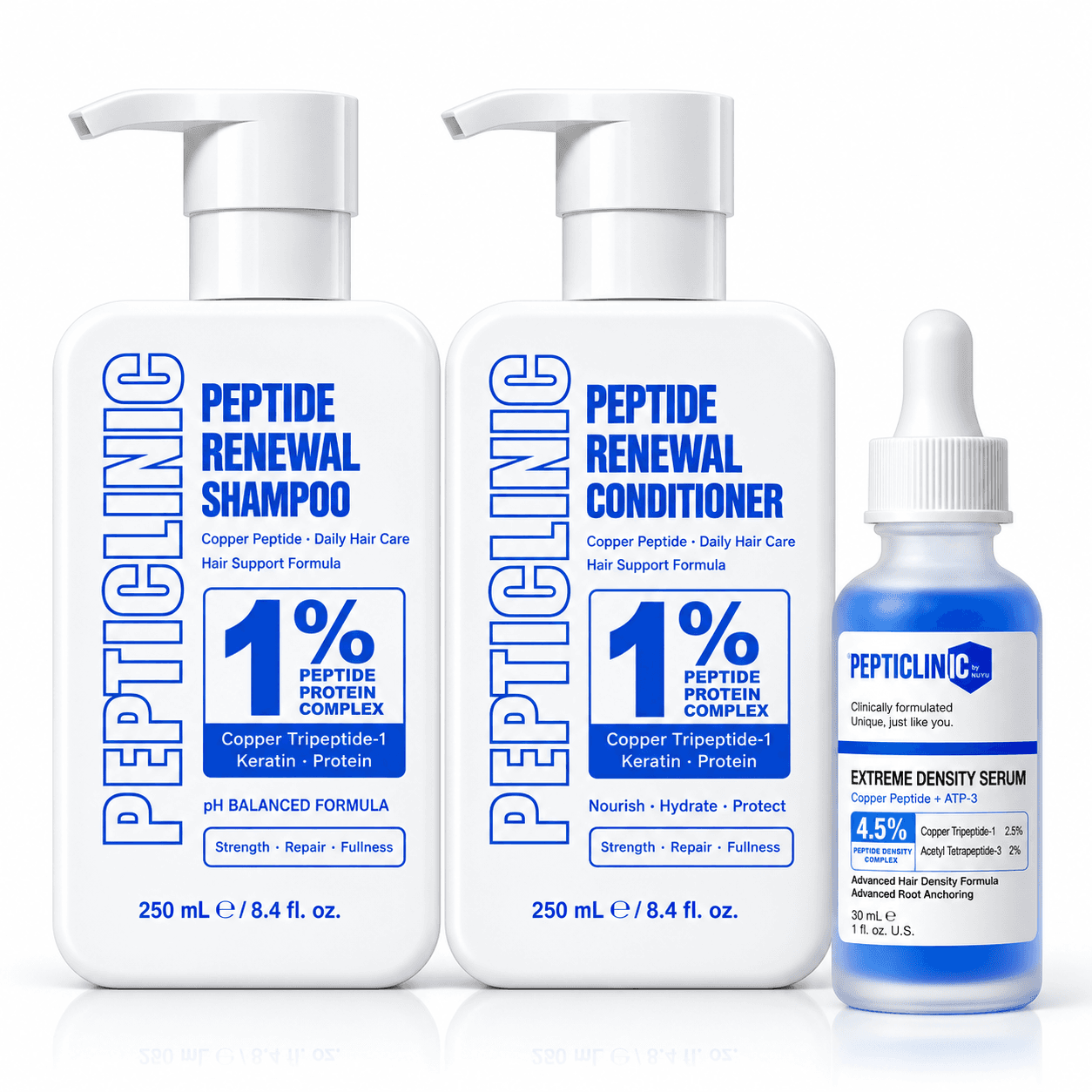 Copper Peptide Density System: Peptide Renewal Shampoo and Conditioner 250 mL with Extreme Density Serum 30 mL