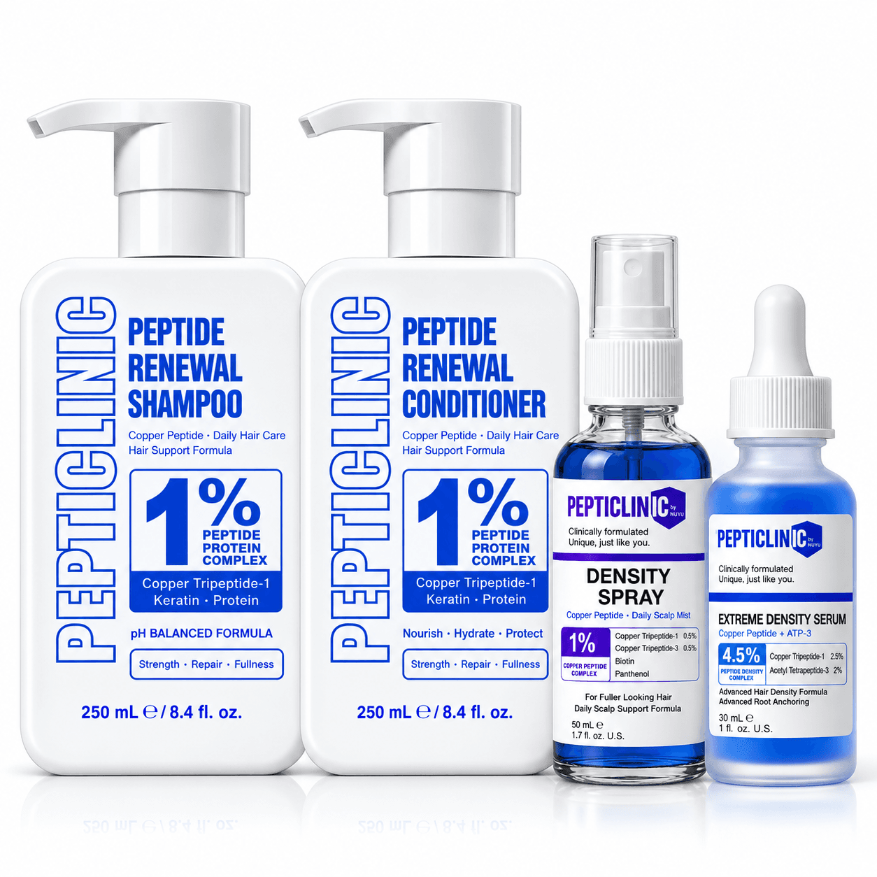 Copper Peptide MAX Density System: Peptide Renewal Shampoo and Conditioner 250 mL, Copper Peptide Scalp Spray 50 mL and Extreme Density Serum 30 mL