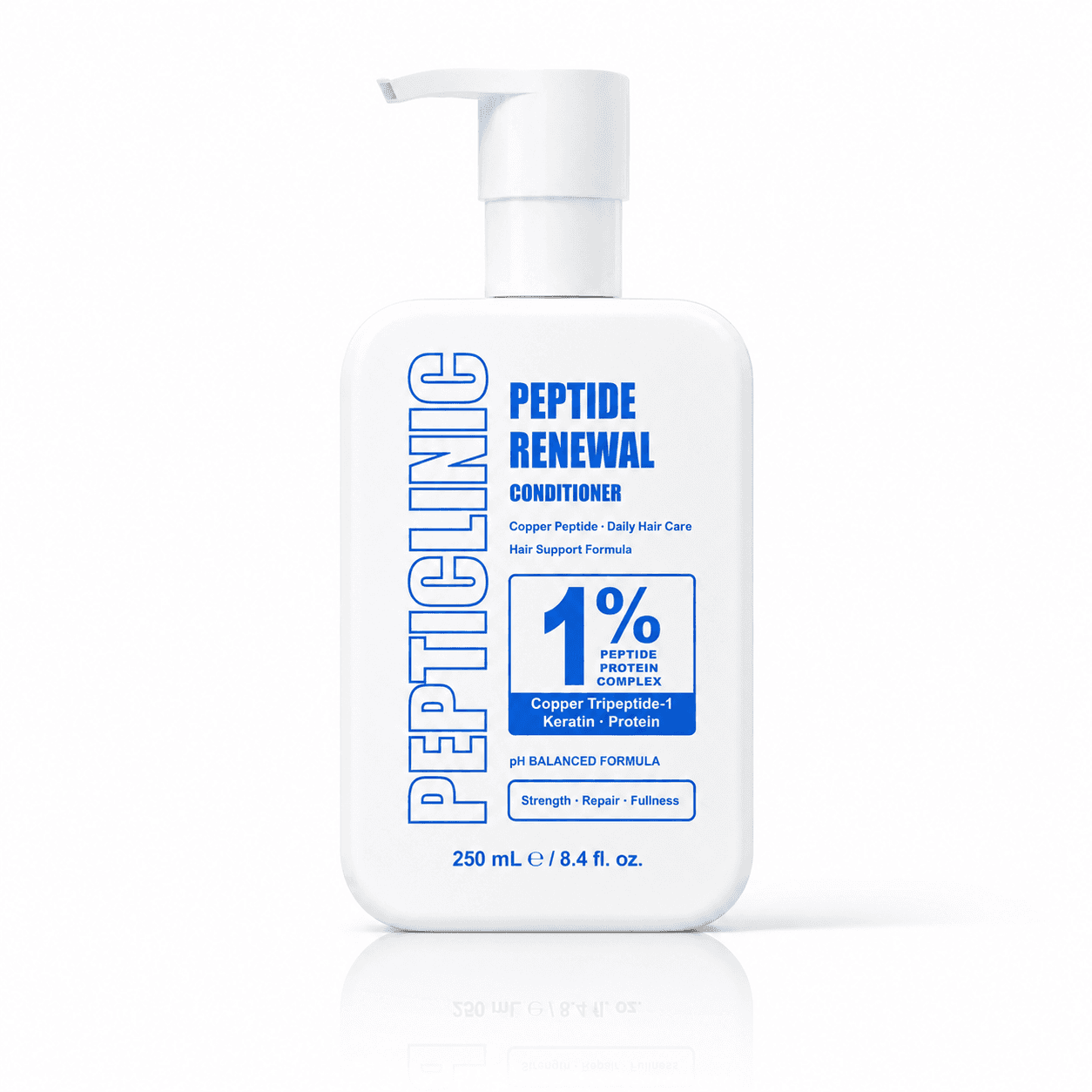 Copper Peptide Renewal Conditioner 250 mL white pump bottle with 1% Peptide Protein Complex label