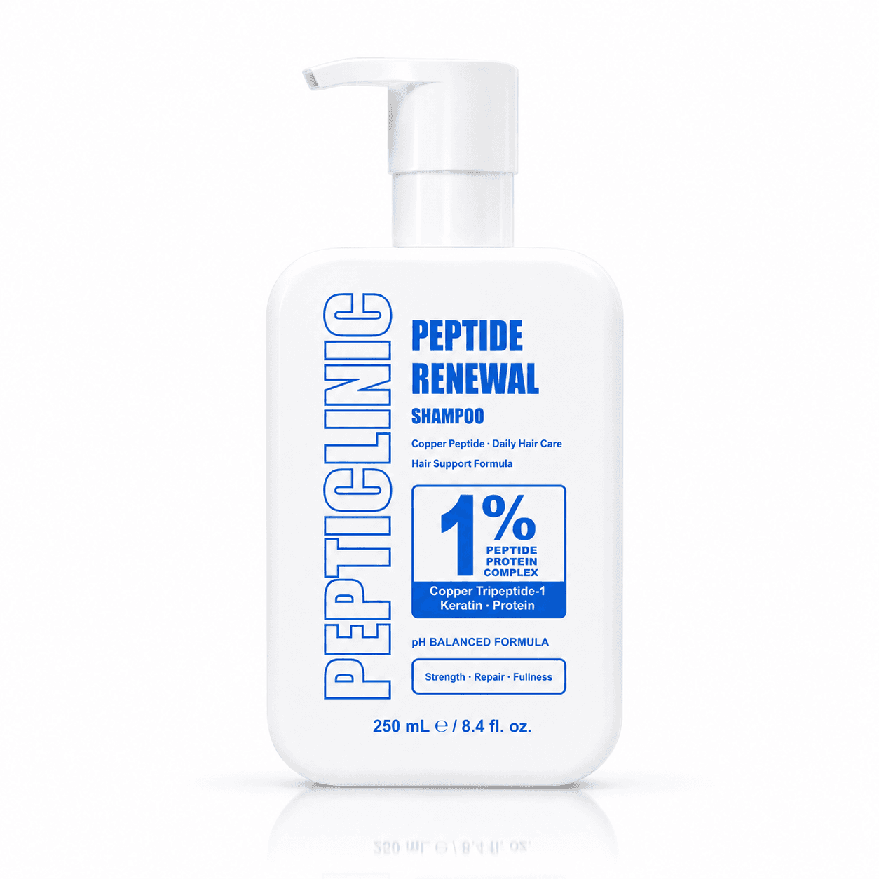 Copper Peptide Renewal Shampoo 250 mL white pump bottle with 1% Peptide Protein Complex label
